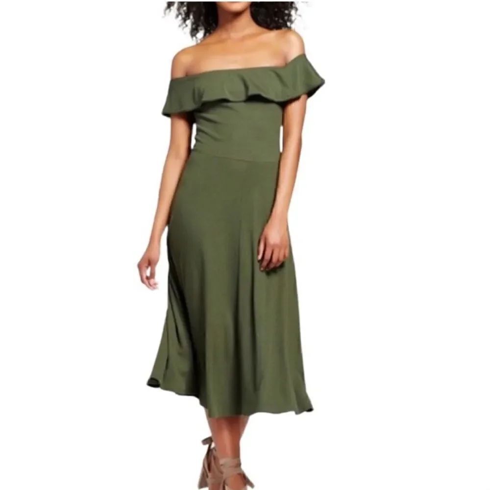 Who What Wear Bardot Off the Shoulder Ribbed Knit Dress in Dark Green | SZ M
